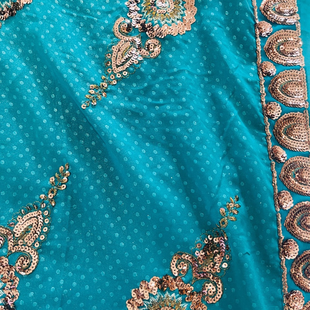 Embroidered Teal Women's Shawl with Gold Sequin Detailing